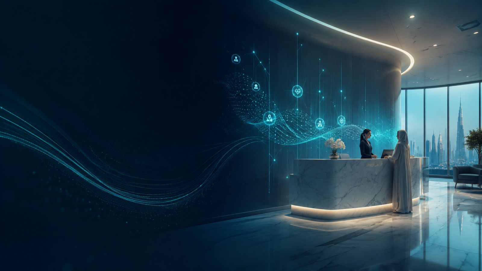 A premium Dubai reception where the Turquoise Tree data wave flows through the business
